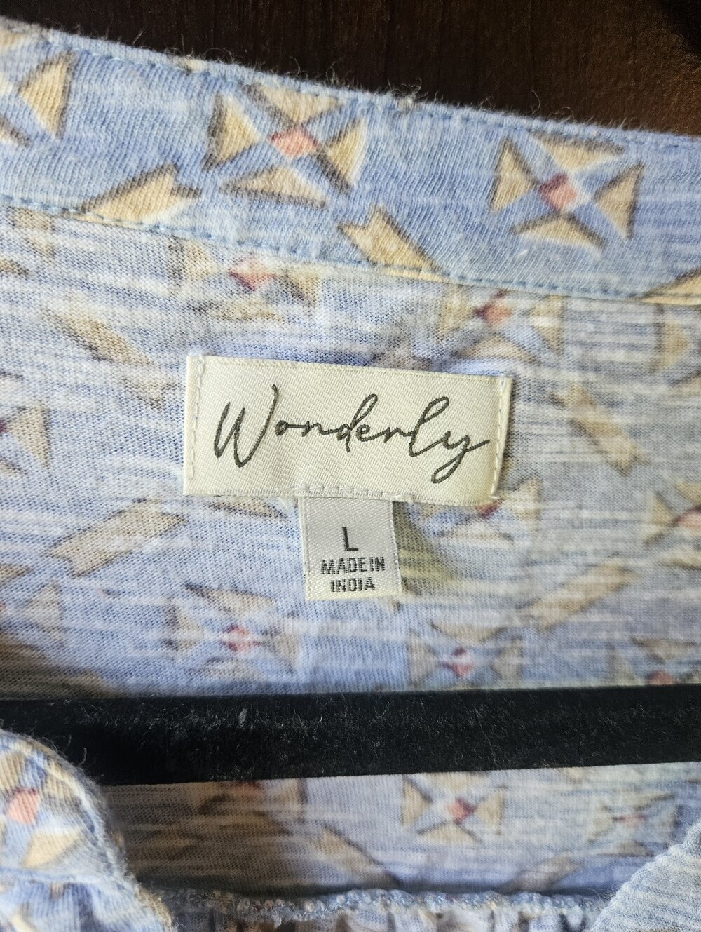 Wonderly Blue Geometric Button-Front Drawstring Top Size Large - Picture 2 of 5